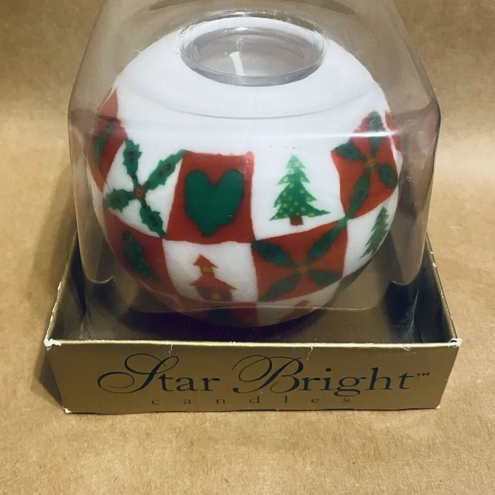 Star Bright Refillable Christmas Glow Candle Votive Holder Tree Folk Art NIB Vtg